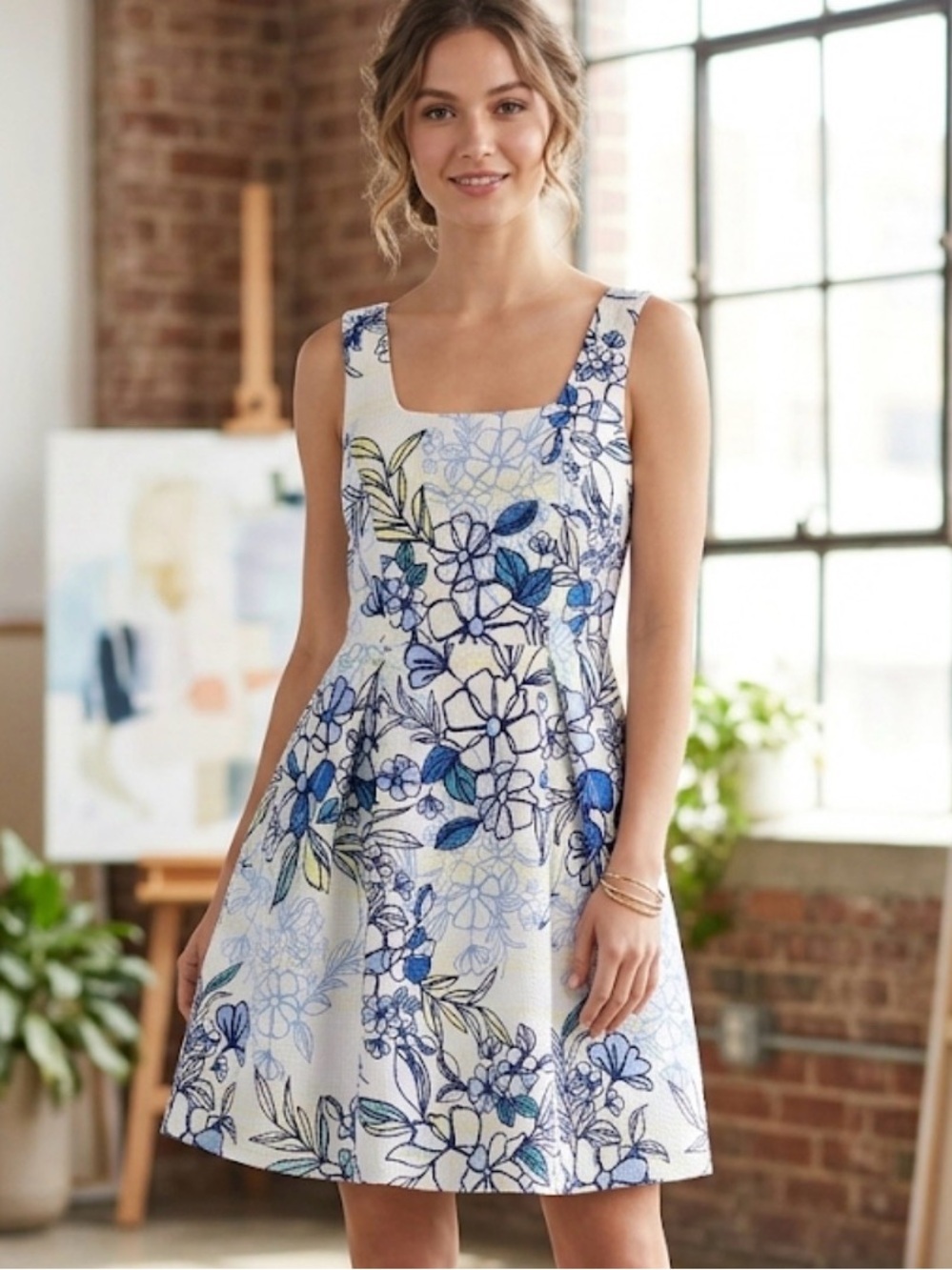 Danny & Nicole White Dress with Blue Floral Print